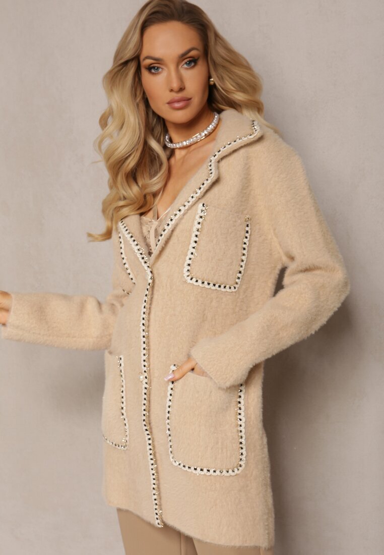 elsa.m by may Cardigan Bej din Vascoză cu Fir Metalic Încheiat cu nasturi de Perle Exousa
