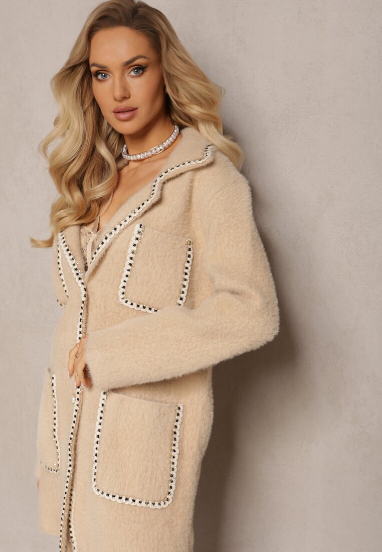 elsa.m by may Cardigan Bej din Vascoză cu Fir Metalic Încheiat cu nasturi de Perle Exousa