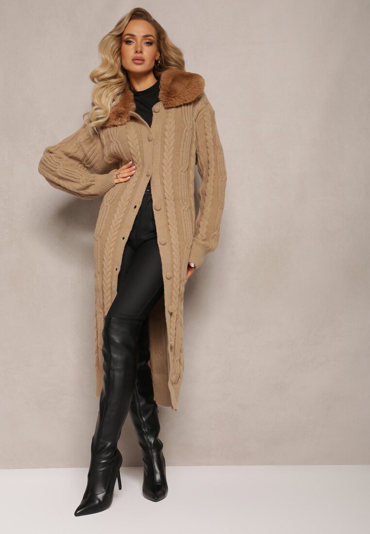 elsa.m by may Cardigan Bej din viscoză cu împletitură cu guler de blană Nirossa