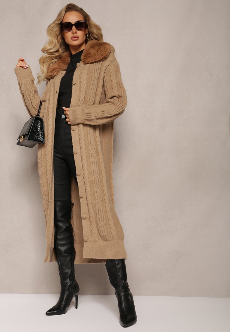 elsa.m by may Cardigan Bej din viscoză cu împletitură cu guler de blană Nirossa