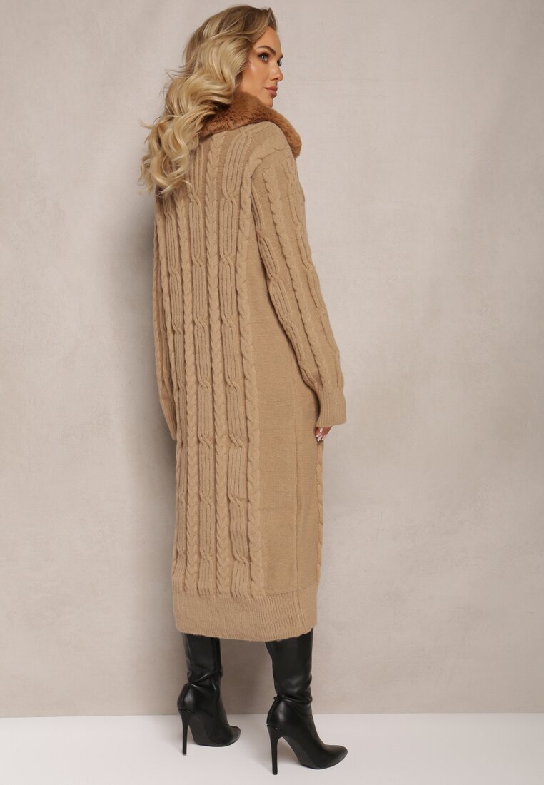 elsa.m by may Cardigan Bej din viscoză cu împletitură cu guler de blană Nirossa