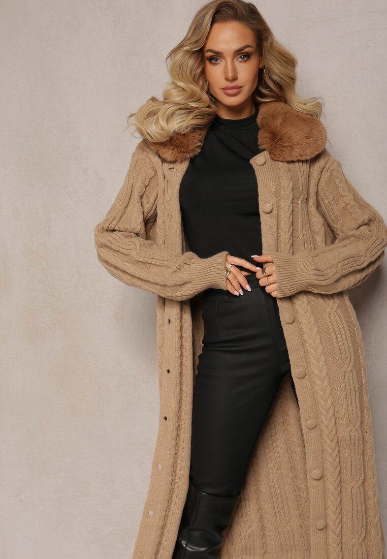 elsa.m by may Cardigan Bej din viscoză cu împletitură cu guler de blană Nirossa
