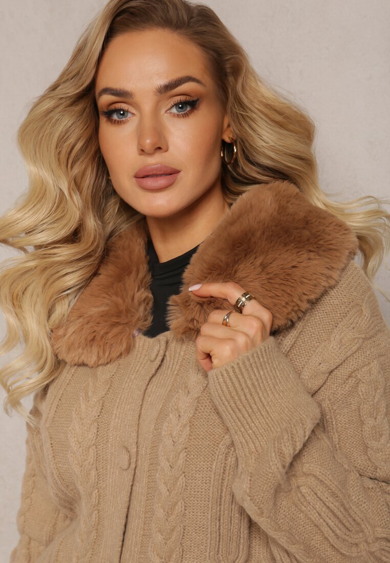 elsa.m by may Cardigan Bej din viscoză cu împletitură cu guler de blană Nirossa