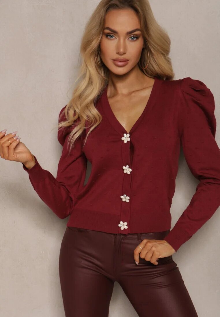 elsa.m by may Cardigan deschis Bordeaux din Viscoză Decorat cu Nasturi Florali Enarine
