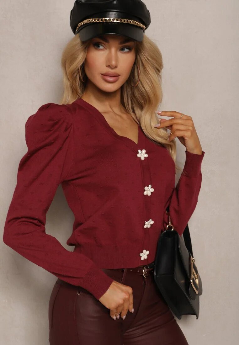 elsa.m by may Cardigan deschis Bordeaux din Viscoză Decorat cu Nasturi Florali Enarine