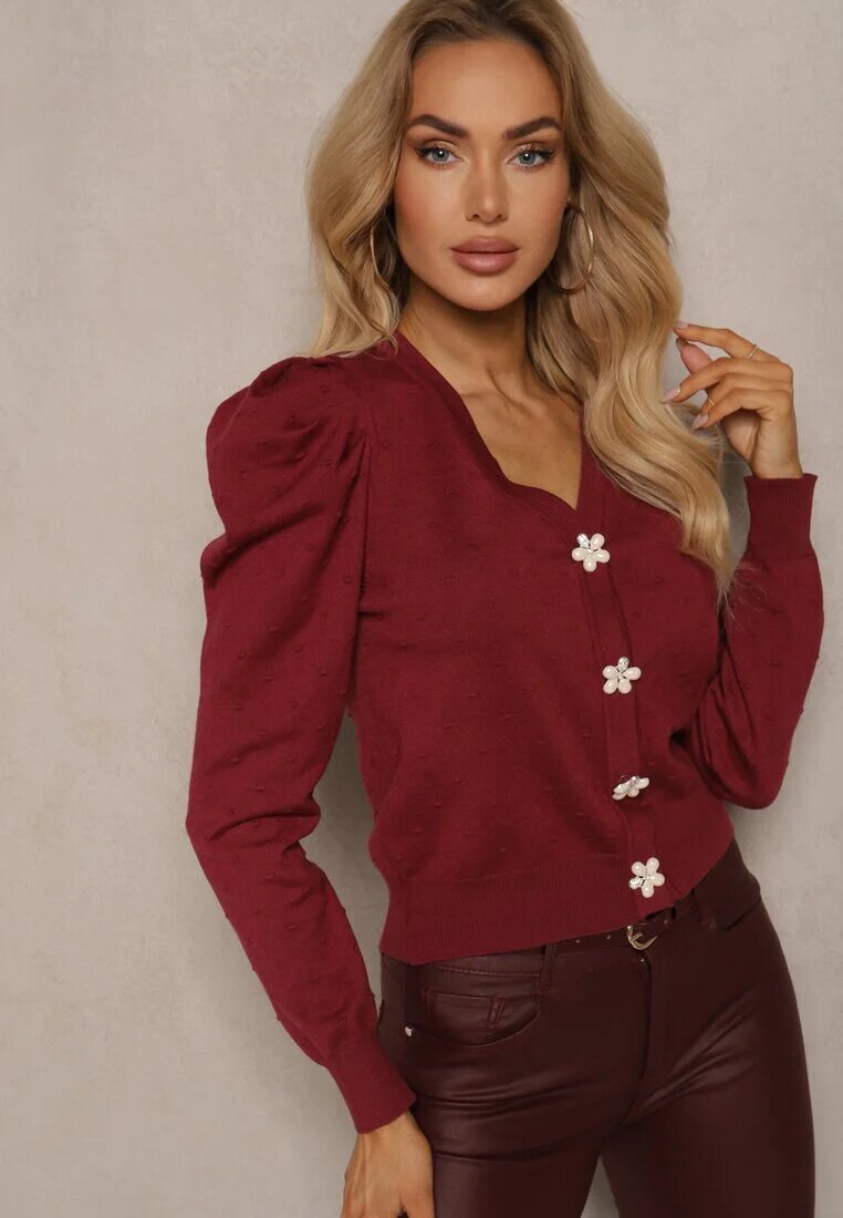 elsa.m by may Cardigan deschis Bordeaux din Viscoză Decorat cu Nasturi Florali Enarine