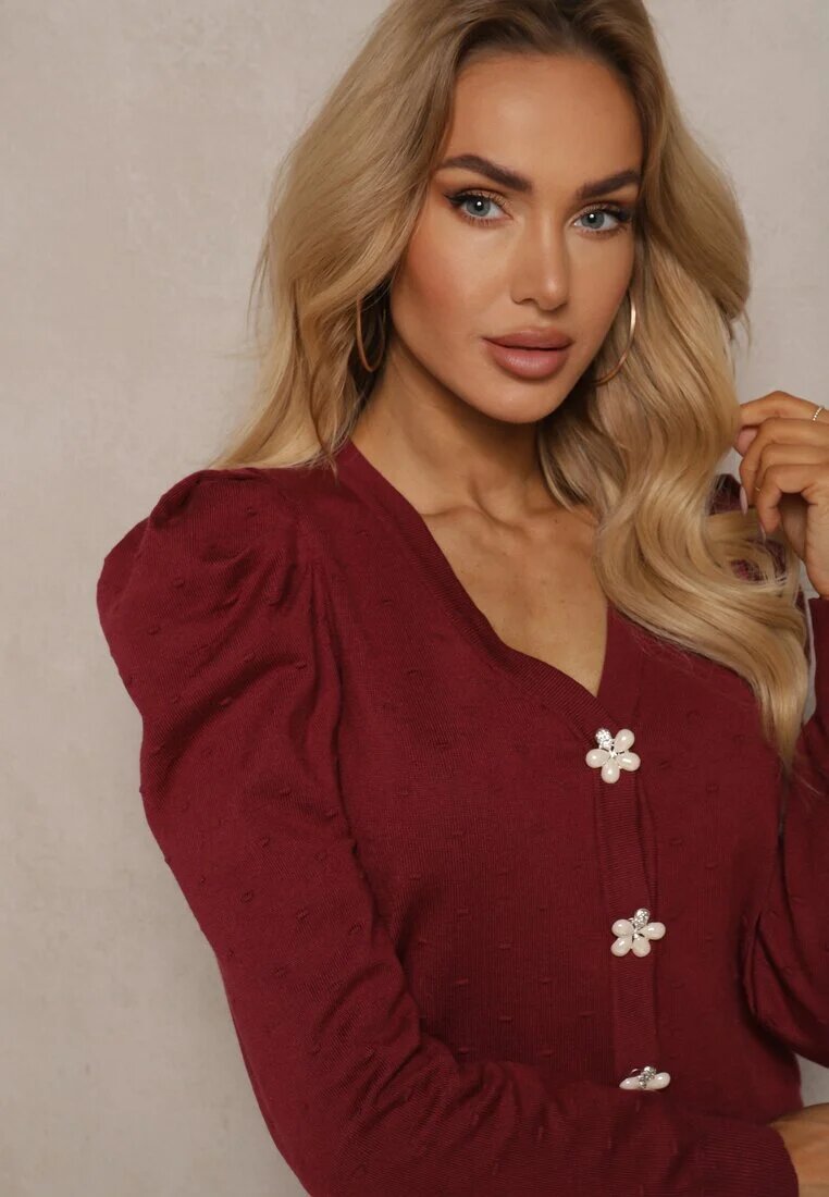 elsa.m by may Cardigan deschis Bordeaux din Viscoză Decorat cu Nasturi Florali Enarine
