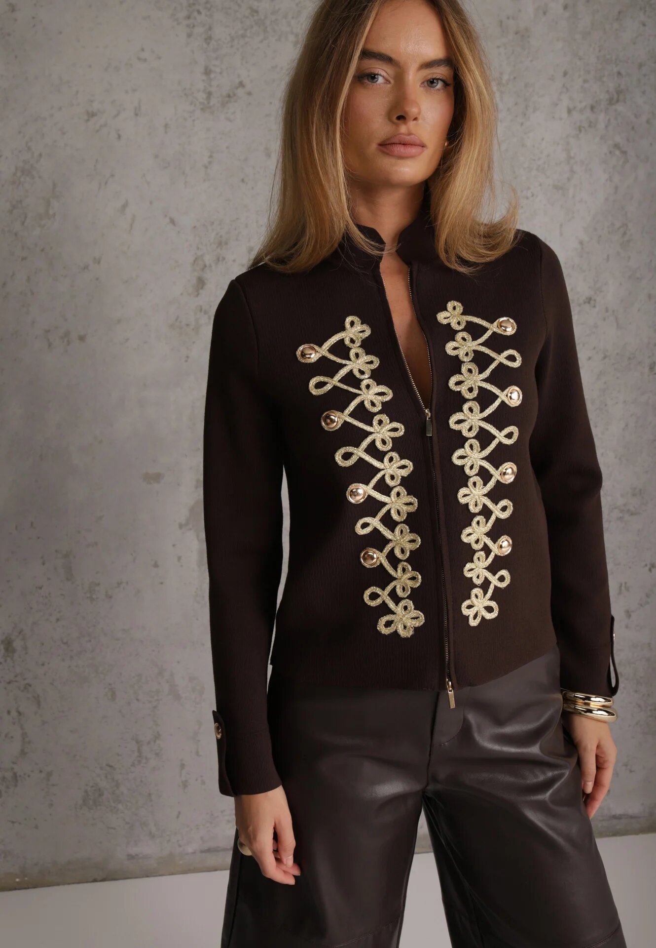 elsa.m by may Cardigan din vâscoză în stil Napoleon cu guler tip tunică și fermoar cu două fețe Glmess Maro