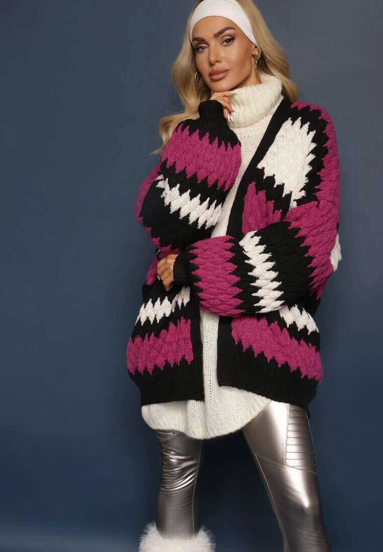 elsa.m by may Cardigan Fucsia Lejer Neîncheiat în Dungi Decorative Adocca