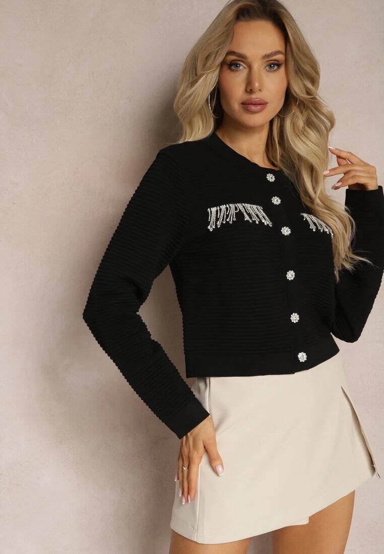 elsa.m by may Cardigan Negru cu Franjuri decorate cu Zirconii și Nasturi în formă de Flori Alinessa