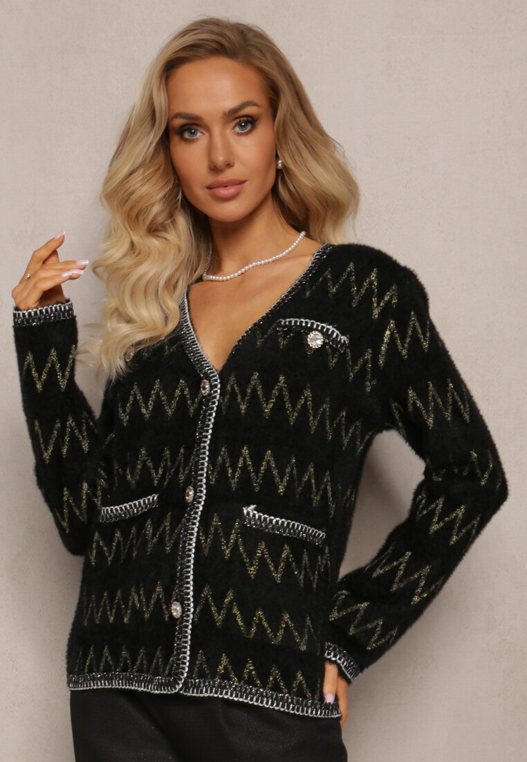 elsa.m by may Cardigan negru cu nasturi cu zirconiu cu fir metalic Sianasa