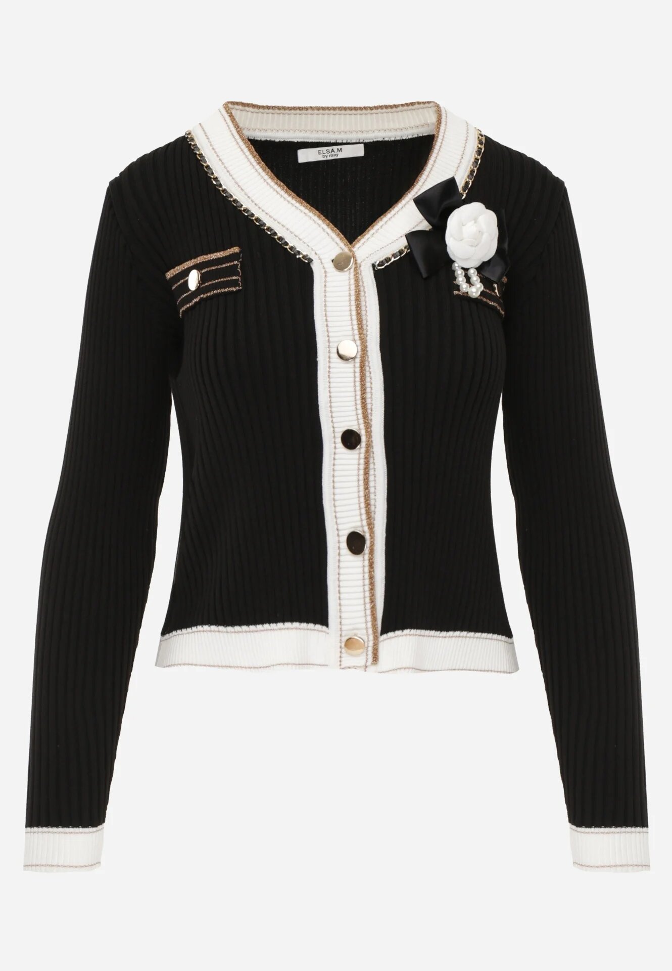 elsa.m by may Cardigan Negru din Viscoză cu Broșă Decorat cu Lanț și Fir Metalic Rileal