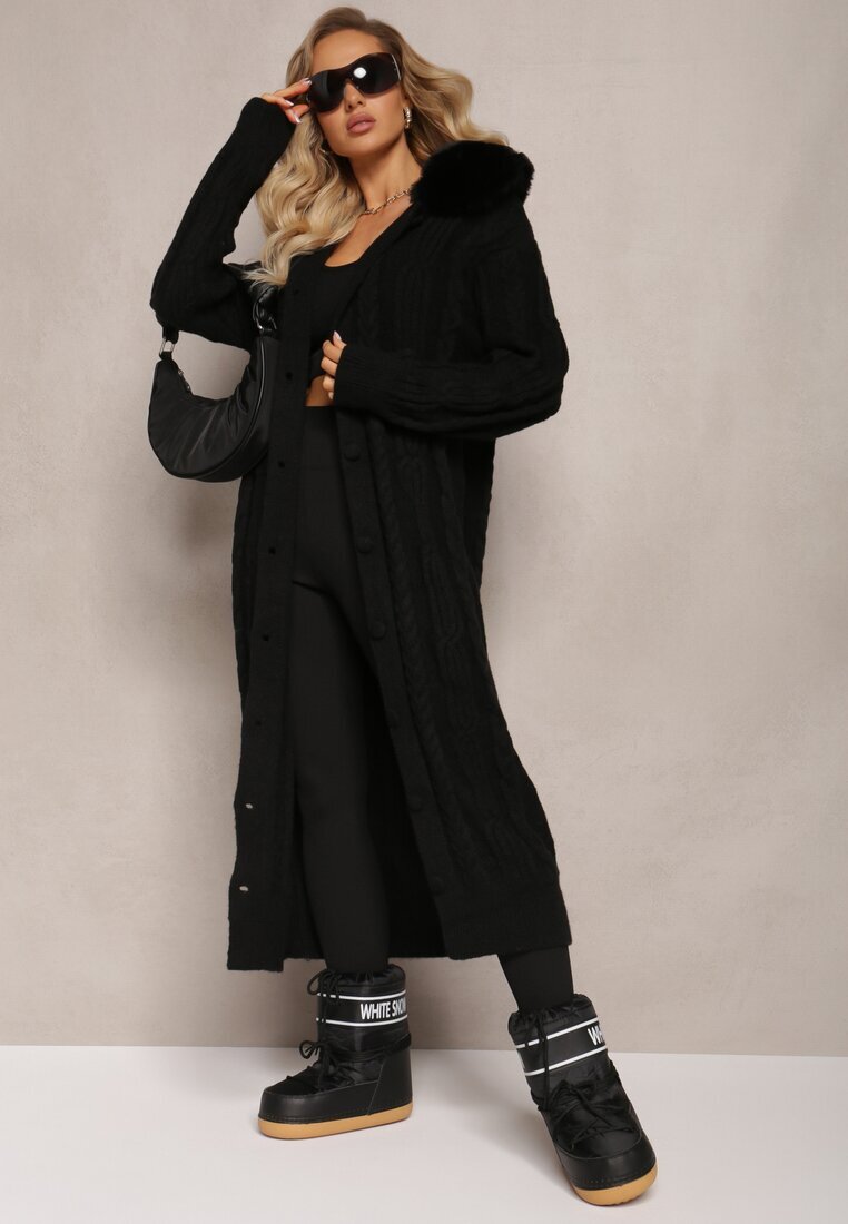 elsa.m by may Cardigan Negru din Viscoză cu model torsadă și guler din blană Nirossa