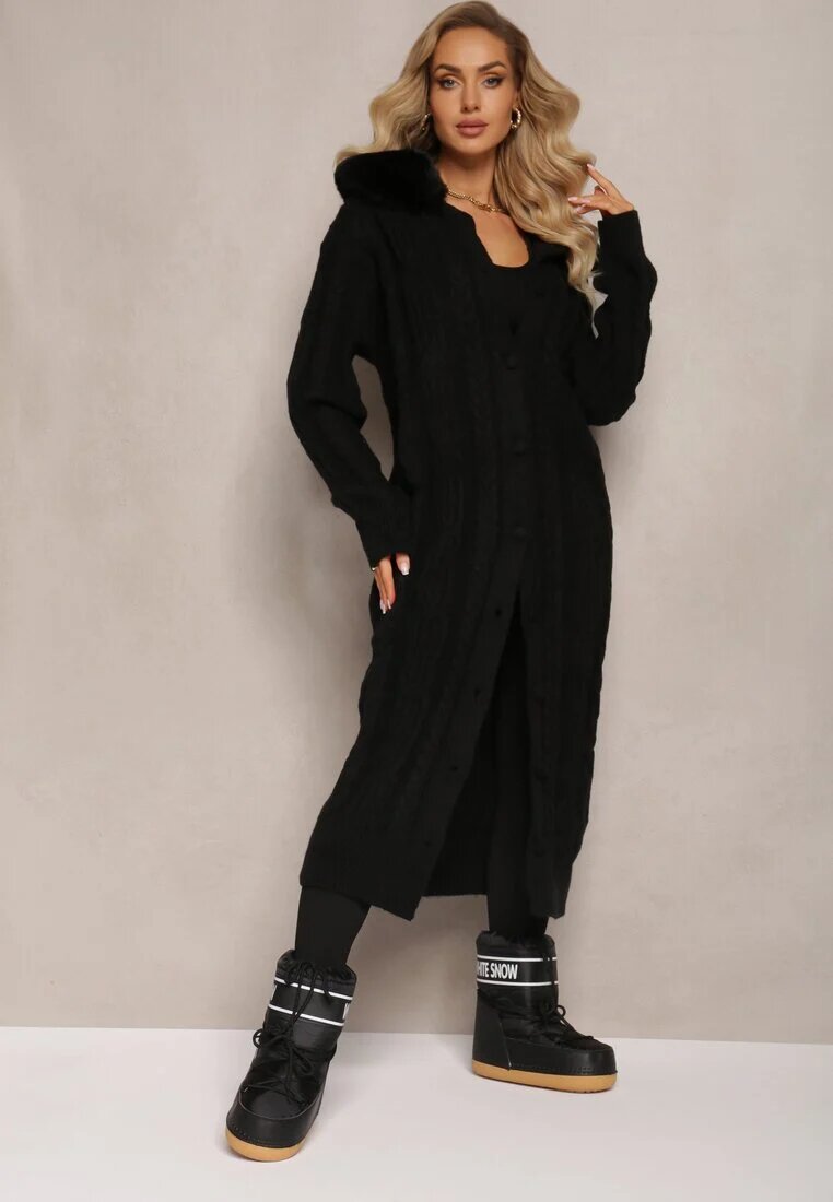 elsa.m by may Cardigan Negru din Viscoză cu model torsadă și guler din blană Nirossa