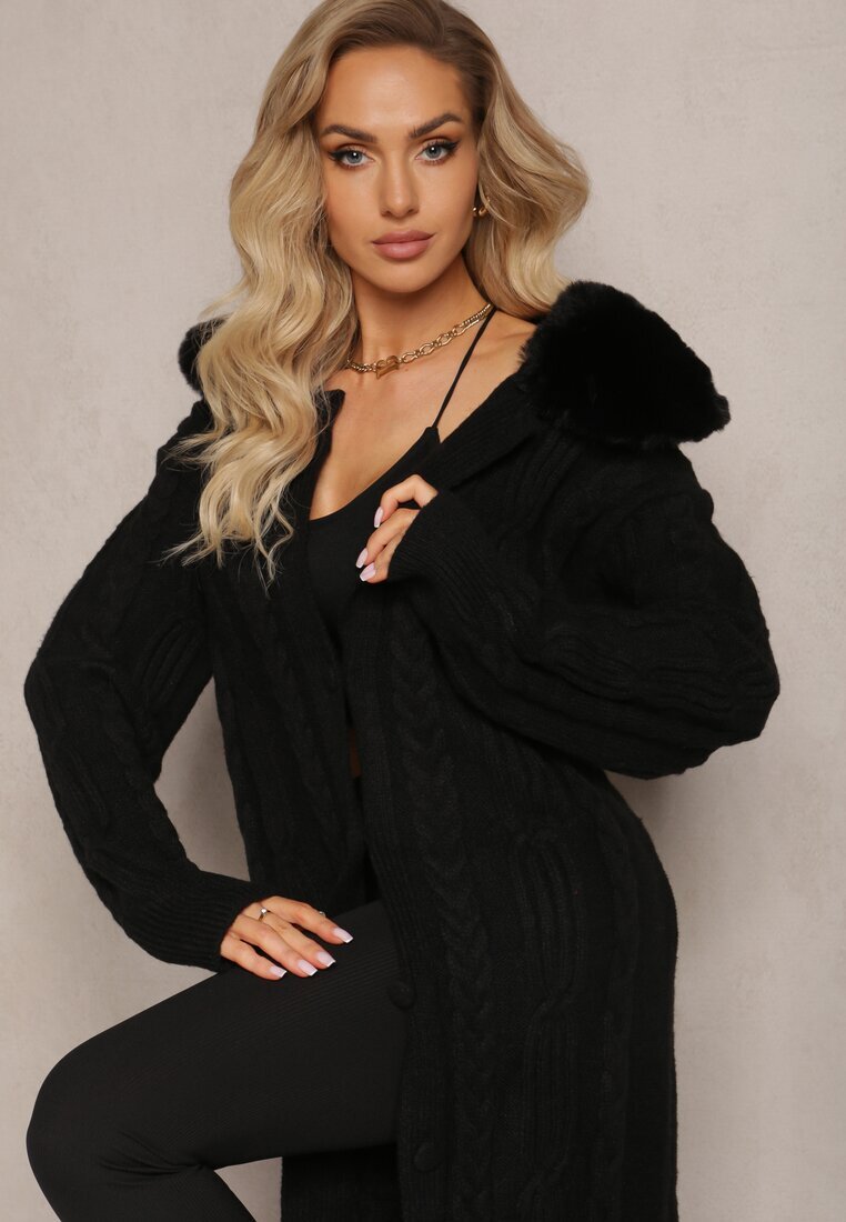 elsa.m by may Cardigan Negru din Viscoză cu model torsadă și guler din blană Nirossa