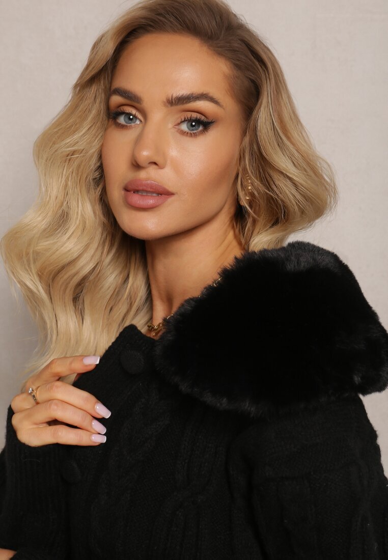 elsa.m by may Cardigan Negru din Viscoză cu model torsadă și guler din blană Nirossa
