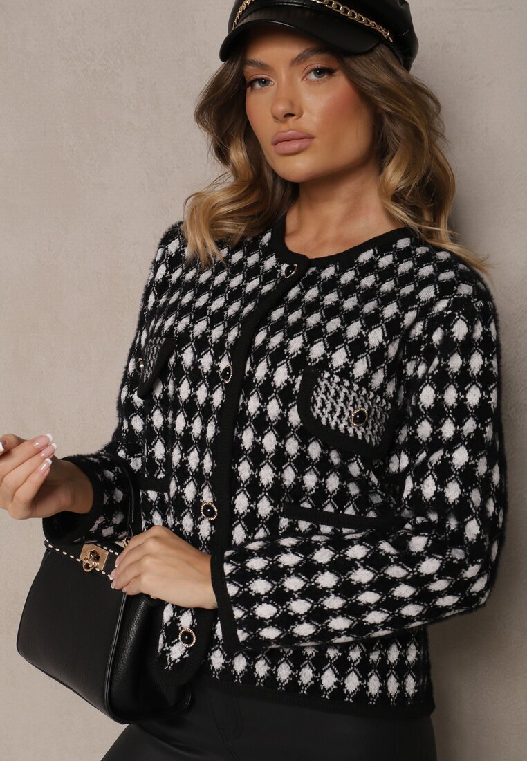 elsa.m by may Cardigan negru din viscoză decorat cu model pepit și nasturi Saveri