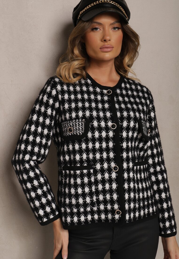 elsa.m by may Cardigan negru din viscoză decorat cu model pepit și nasturi Saveri