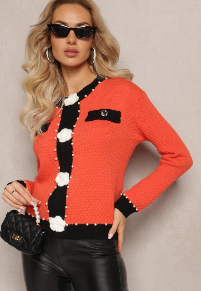 elsa.m by may Cardigan Portocaliu din Viscoză cu croială clasică cu Perle și flori Calla