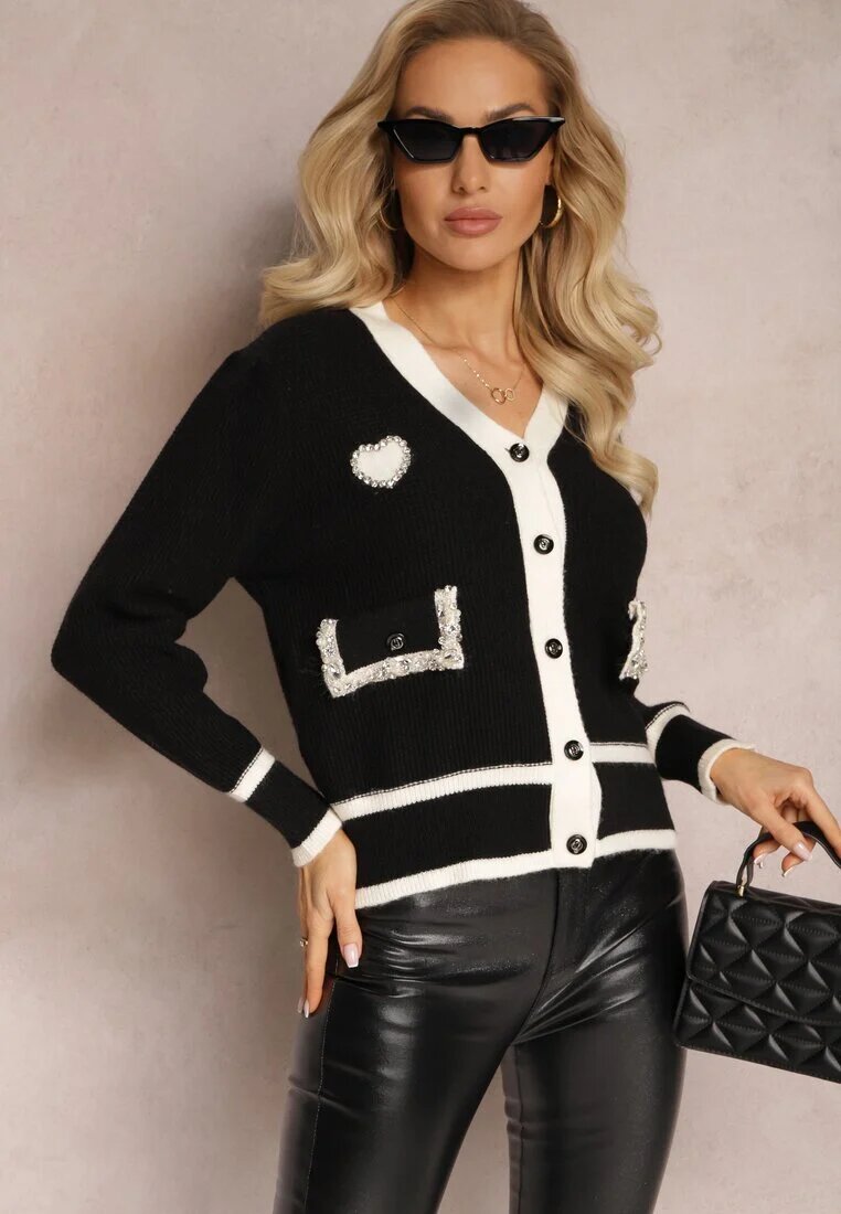 elsa.m by may Cardigan Pulover din viscoză Negru cu Bordură Contrastantă și Aplicații Narjee