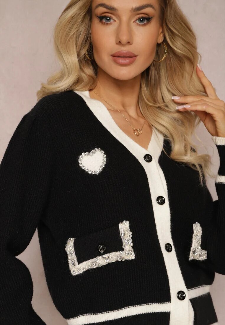 elsa.m by may Cardigan Pulover din viscoză Negru cu Bordură Contrastantă și Aplicații Narjee