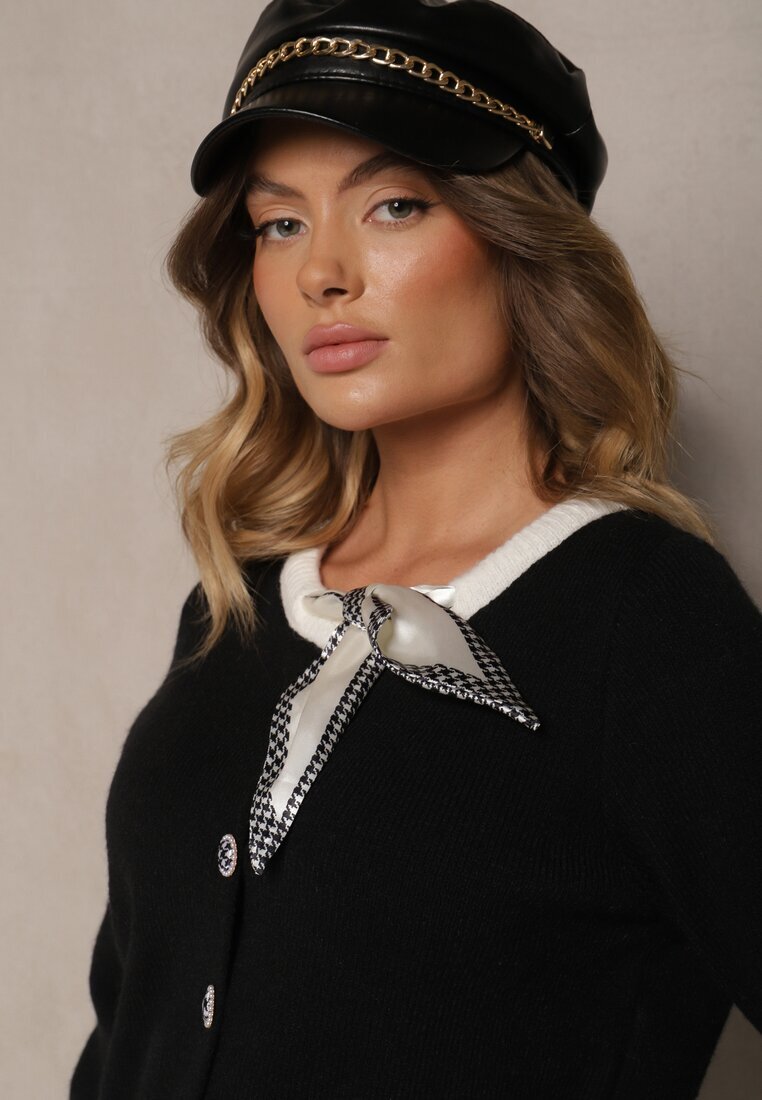 elsa.m by may Cardigan Retro Negru cu Viscoză Decorat cu Eșarfă Legată și Nasturi Eleganți Evelimi