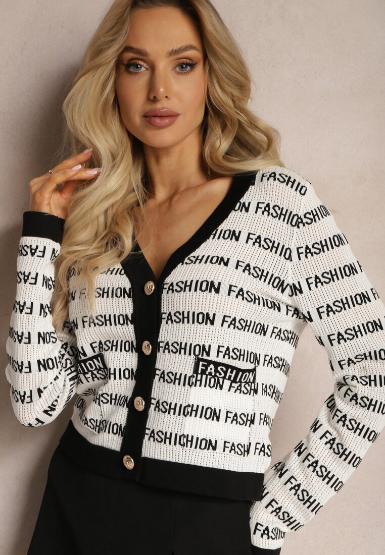 elsa.m by may Cardigan Scurt Alb-Negru cu Imprimeuri Fashion și nasturi Winifa