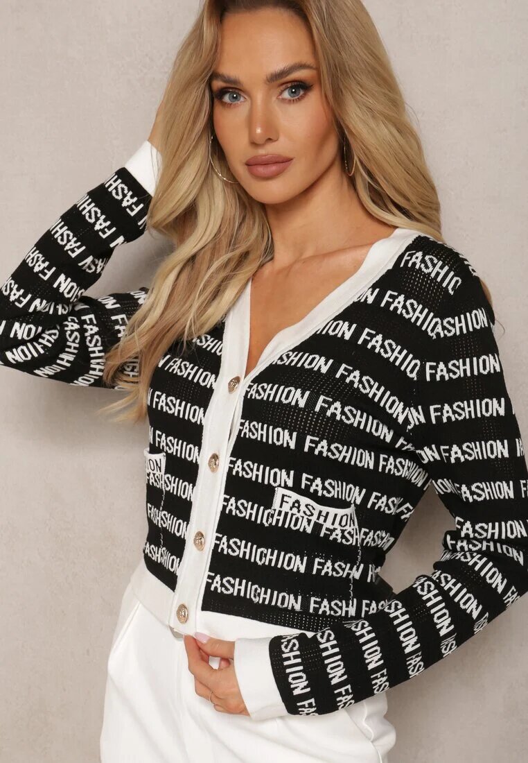 elsa.m by may Cardigan Scurt Negru-Alb cu Inscripții Fashion și Butoane Winifa