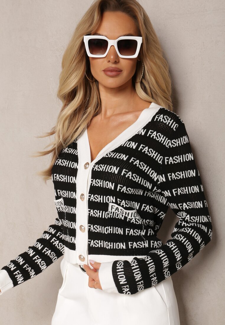 elsa.m by may Cardigan Scurt Negru-Alb cu Inscripții Fashion și Butoane Winifa