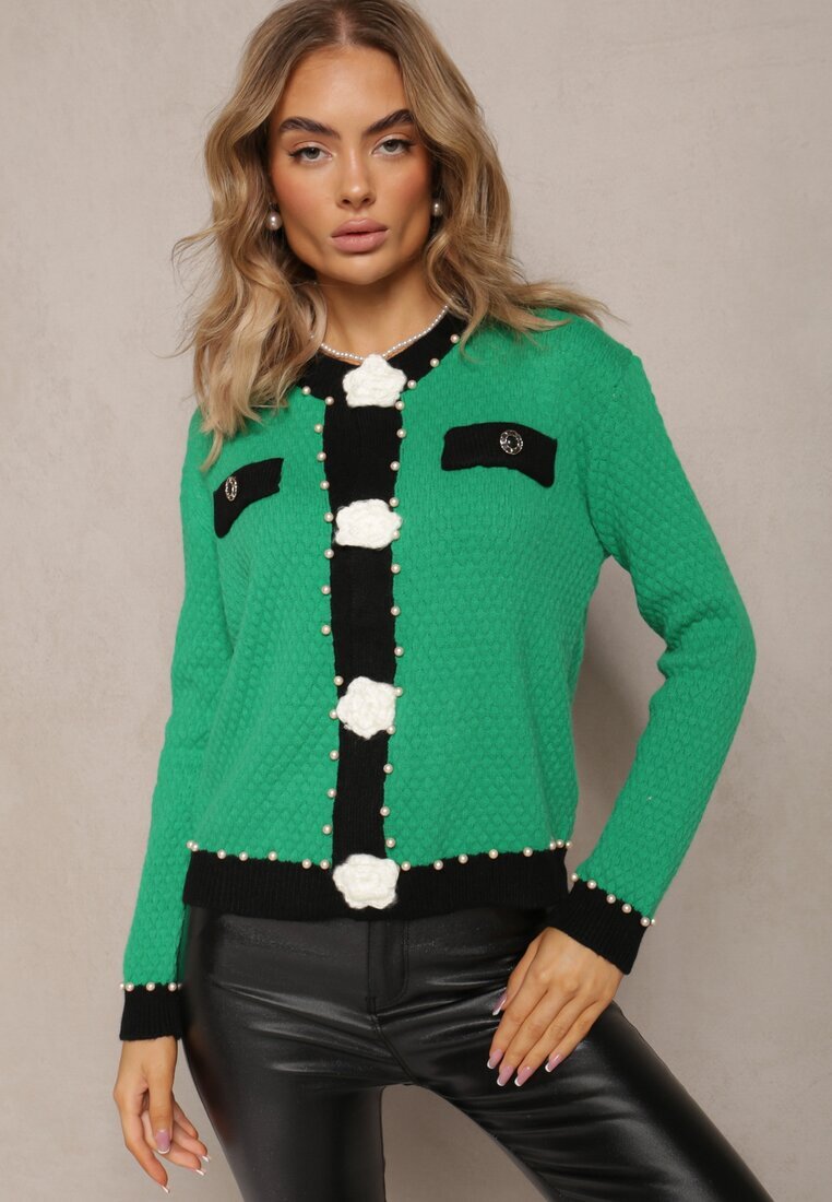 elsa.m by may Cardigan Verde din Viscoză cu Croială Clasică cu Perle și Flori de Calla