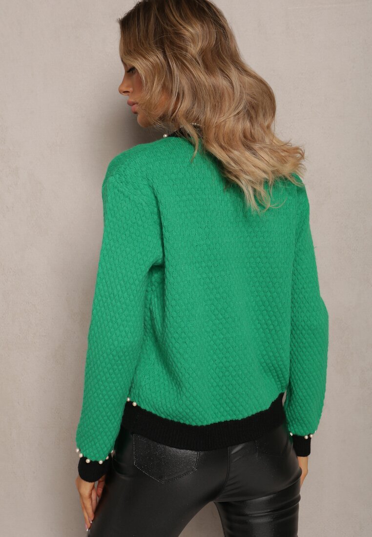 elsa.m by may Cardigan Verde din Viscoză cu Croială Clasică cu Perle și Flori de Calla