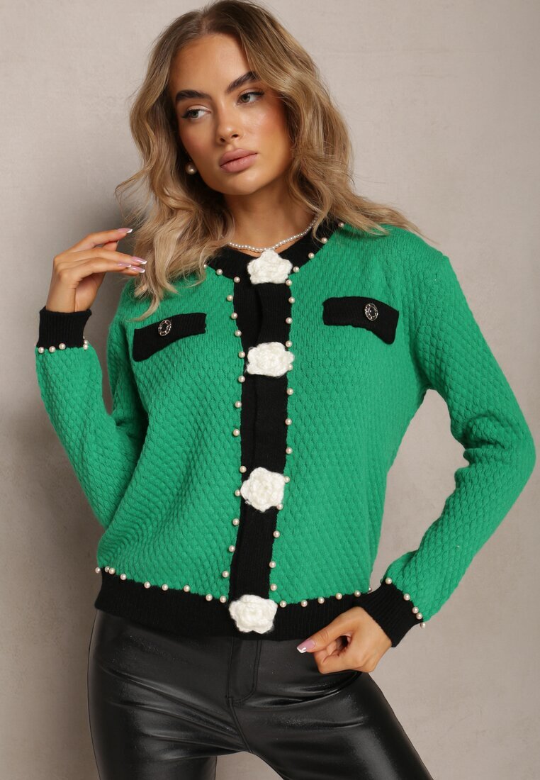 elsa.m by may Cardigan Verde din Viscoză cu Croială Clasică cu Perle și Flori de Calla