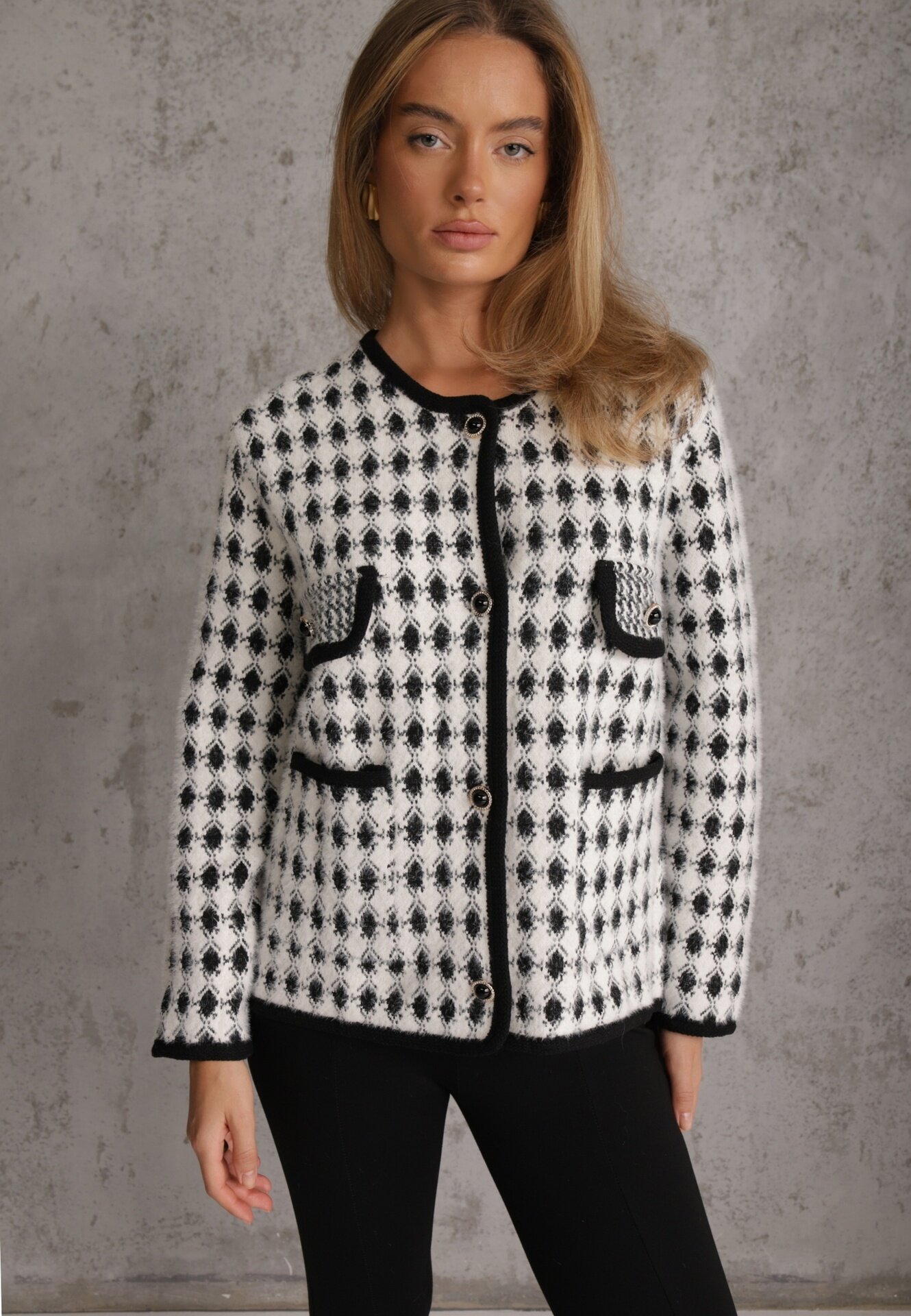 elsa.m by may Cardigan Viscoză Alb Decorat cu Model Pepită și Nasturi Saveri