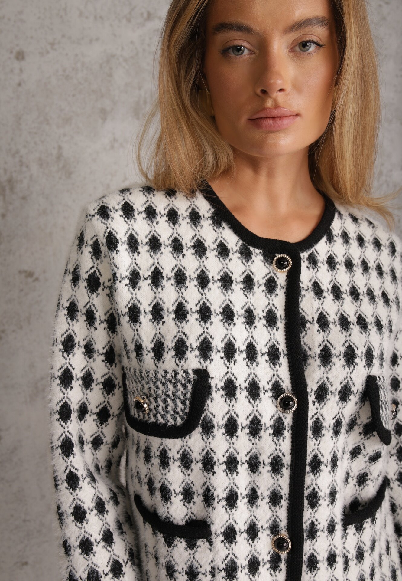 elsa.m by may Cardigan Viscoză Alb Decorat cu Model Pepită și Nasturi Saveri