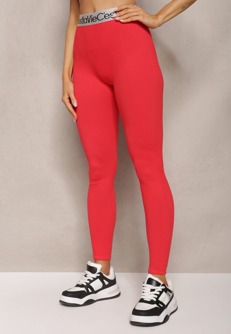 elsa.m by may Colanți Sport Roșii Elastici cu Bandă Elastică Decorativă Lată în Talie Larnode