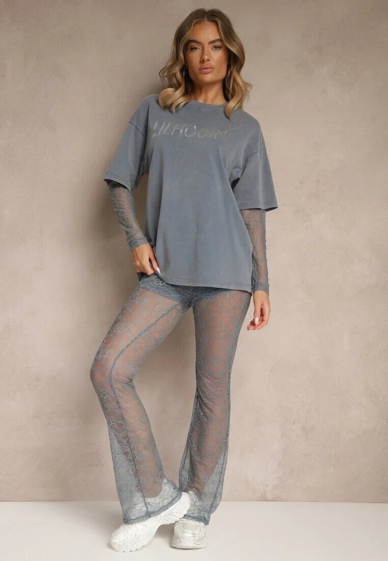 elsa.m by may Compleu Albastru din Bumbac Pantaloni din Dantelă și Bluză cu Mâneci din Dantelă Galaniera