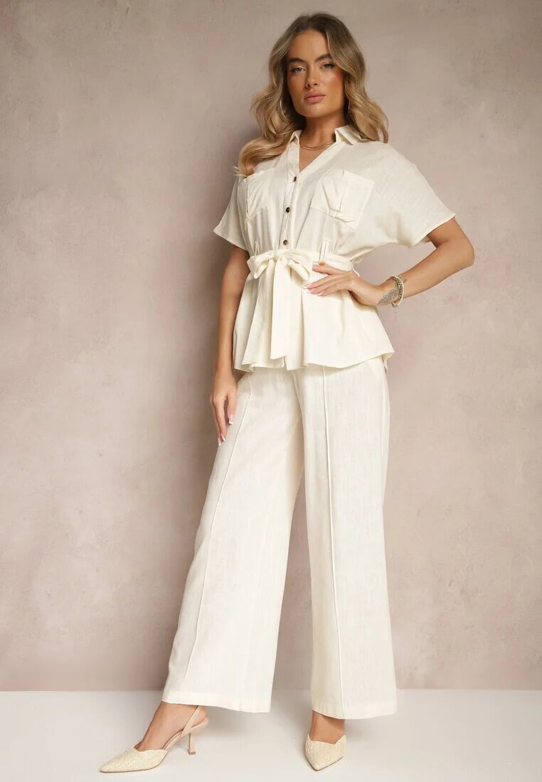 elsa.m by may Compleu Bej deschis din Viscoză cu croială Oversize Pantaloni și Cămașă cu Curea Normell