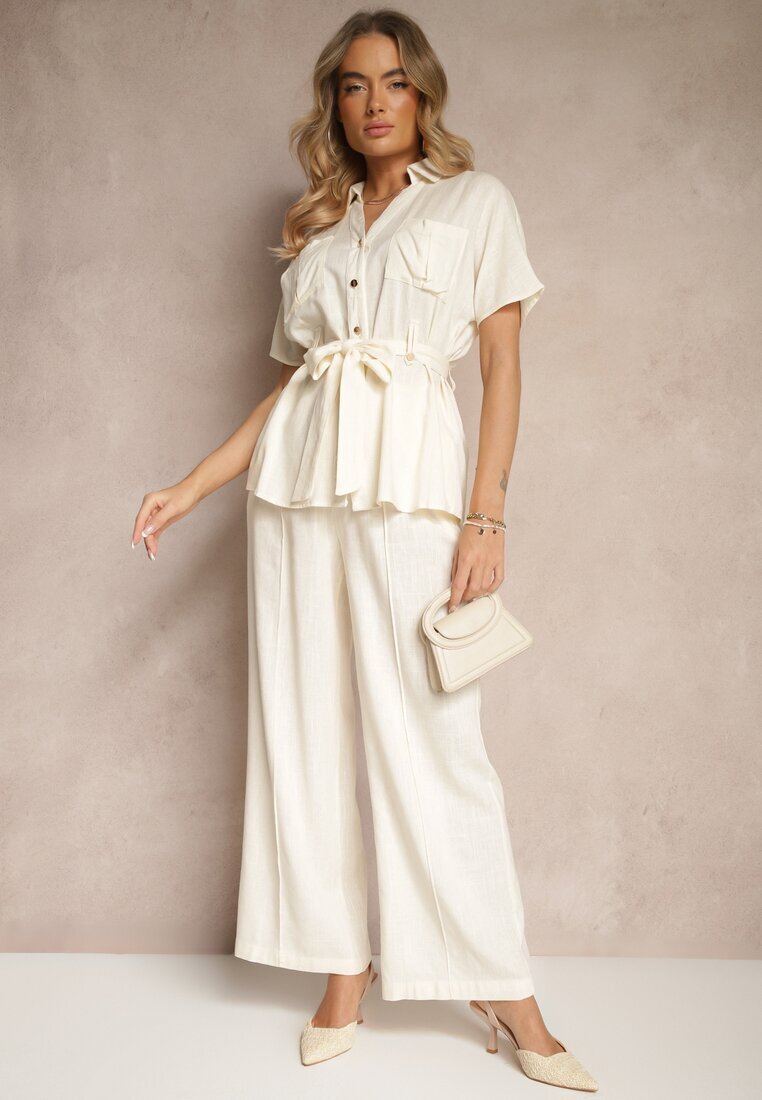 elsa.m by may Compleu Bej deschis din Viscoză cu croială Oversize Pantaloni și Cămașă cu Curea Normell