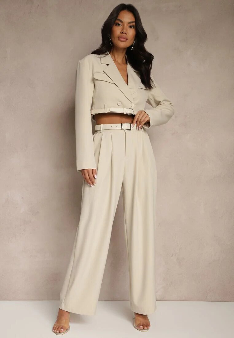 elsa.m by may Compleu Bej Stil Costum Pantaloni Largi cu Cureaua și Sacou Scurt Veritia