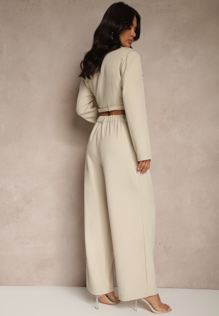 elsa.m by may Compleu Bej Stil Costum Pantaloni Largi cu Cureaua și Sacou Scurt Veritia