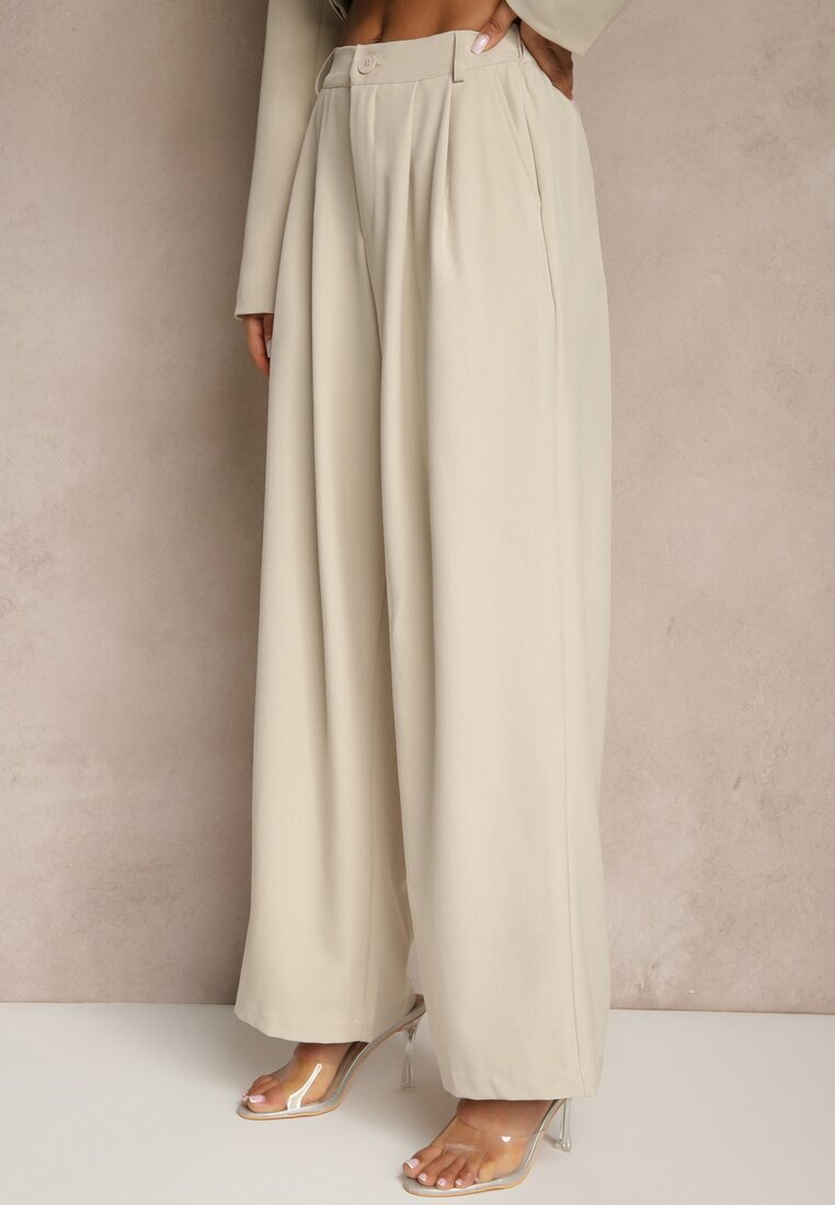 elsa.m by may Compleu Bej Stil Costum Pantaloni Largi cu Cureaua și Sacou Scurt Veritia