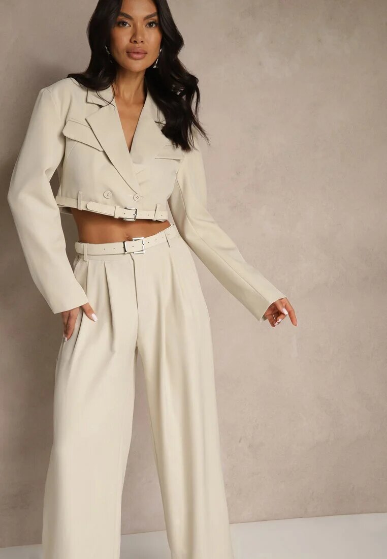 elsa.m by may Compleu Bej Stil Costum Pantaloni Largi cu Cureaua și Sacou Scurt Veritia