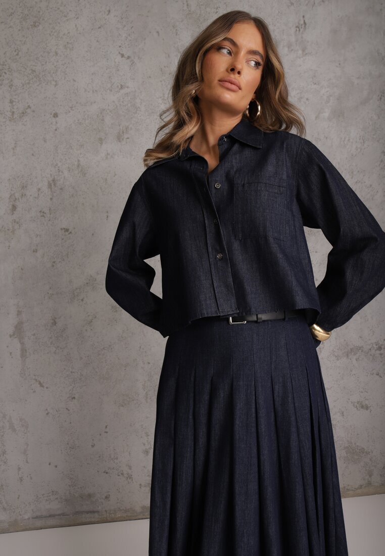 elsa.m by may Compleu bleumarin din amestec de bumbac și viscoză cu aspect de denim cu cămașă și fustă cu curea Andaig