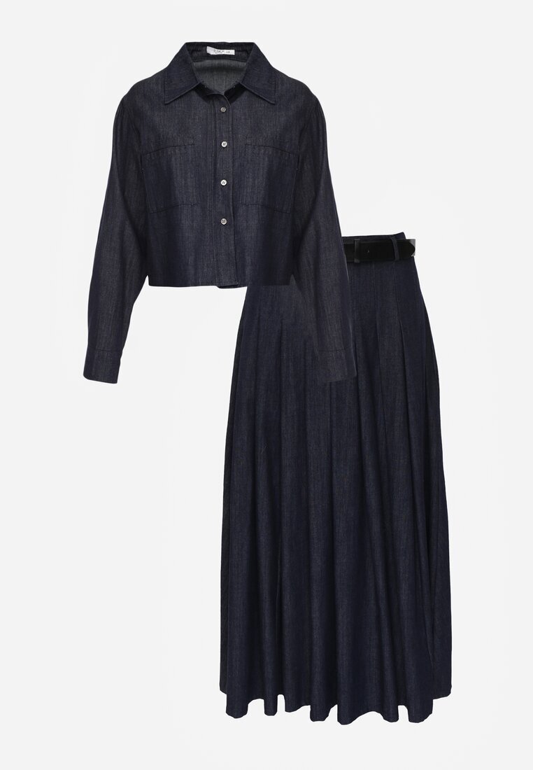 elsa.m by may Compleu bleumarin din amestec de bumbac și viscoză cu aspect de denim cu cămașă și fustă cu curea Andaig