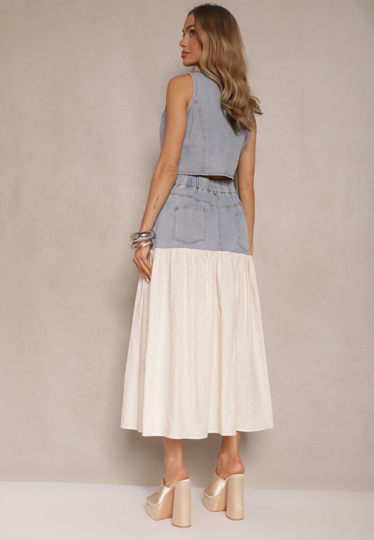 elsa.m by may Compleu Denim Albastru deschis din Viscoză Vestă și Fustă vaporoasă Calmoi