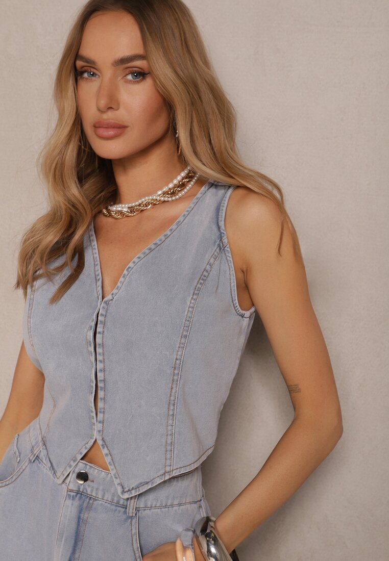 elsa.m by may Compleu Denim Albastru deschis din Viscoză Vestă și Fustă vaporoasă Calmoi