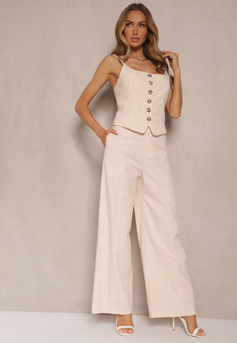 elsa.m by may Compleu elegant bej top cu nasturi și pantaloni largi din viscoză și bumbac Divianne