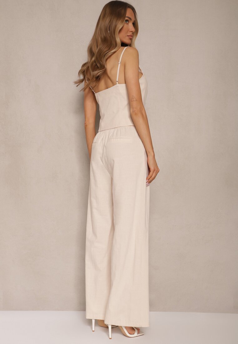 elsa.m by may Compleu elegant bej top cu nasturi și pantaloni largi din viscoză și bumbac Divianne