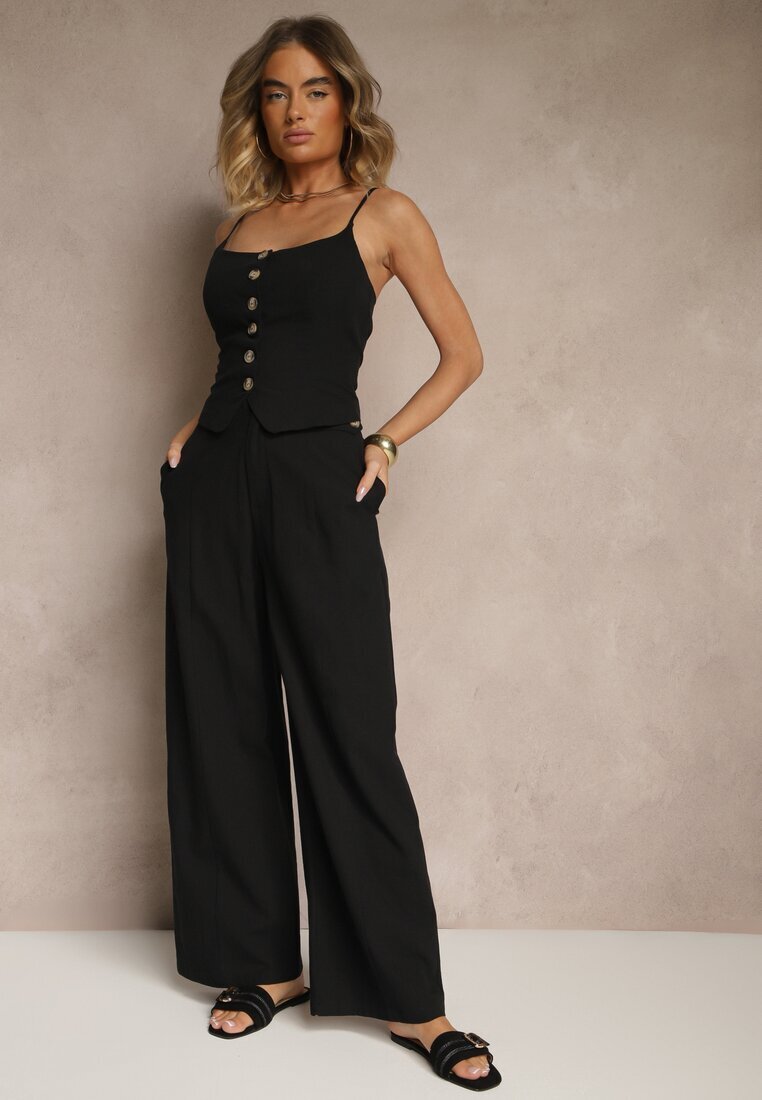 elsa.m by may Compleu Elegant Negru Top cu nasturi și Pantaloni largi din Vâscoză și Bumbac Divianne