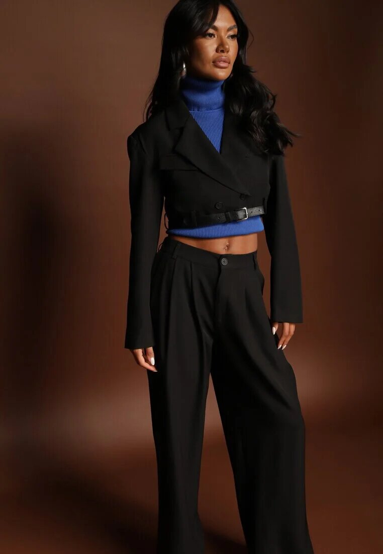 elsa.m by may Compleu Negru Stil Costum Pantaloni Largi cu Curea și Sacou Scurt Veritia